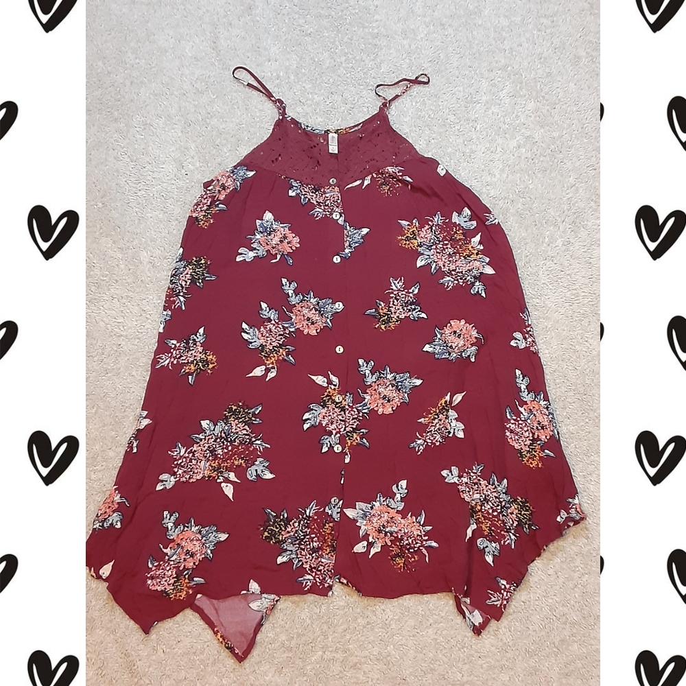 Red Floral Bohemian Button Up Asymetrical Dress S